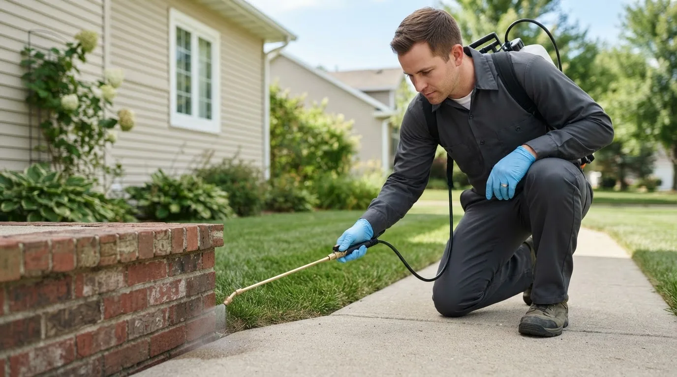Pest control technician treating a home near Eustace, TX