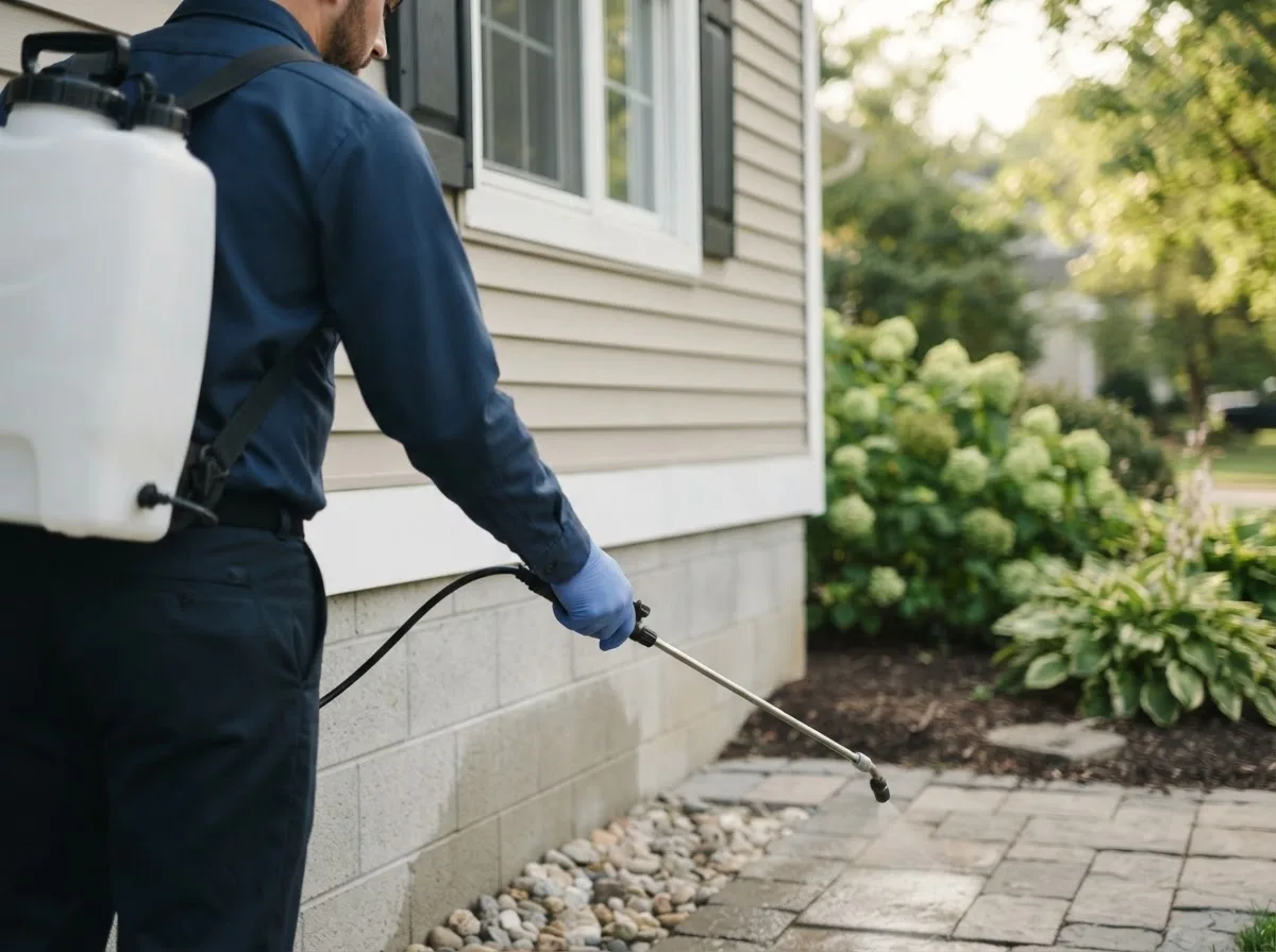 Pest control technician inspecting a home in Eustace, TX